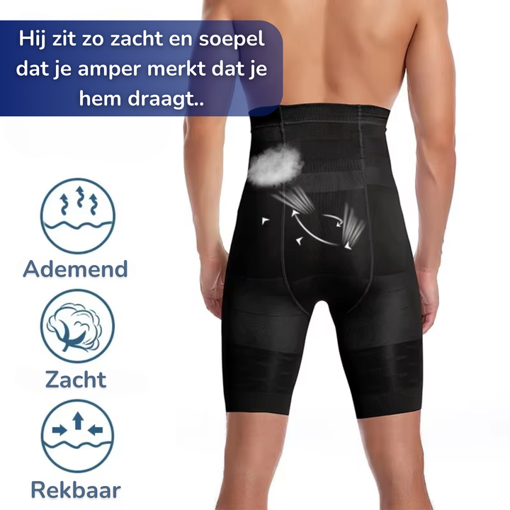 Zwarte heren compressiebroek, ideaal voor fitness en training. Ondersteunt bovenbenen, buik en verbetert houding.