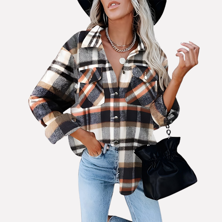 Moderne dames geruite overhemdjas, casual stijl, perfect over een trui.