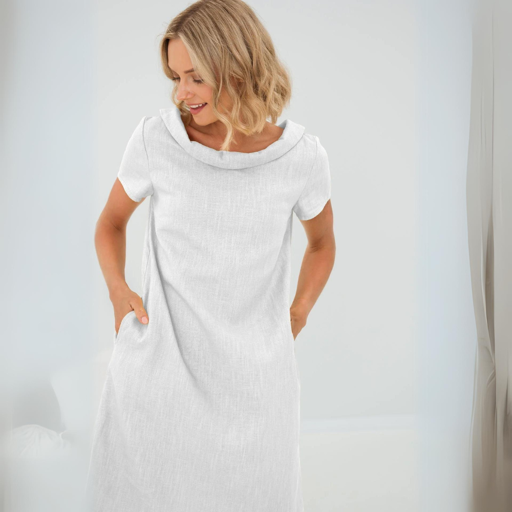 Casual LinaLuft dames zomerjurk, korte mouwen, comfortabel Leinen-Baumwollmix, ideaal voor warme dagen en reizen.