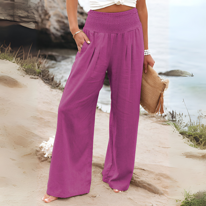Dames high-waist linnen broek, comfortabel en elegant, ideaal voor zomer en lente outfits.