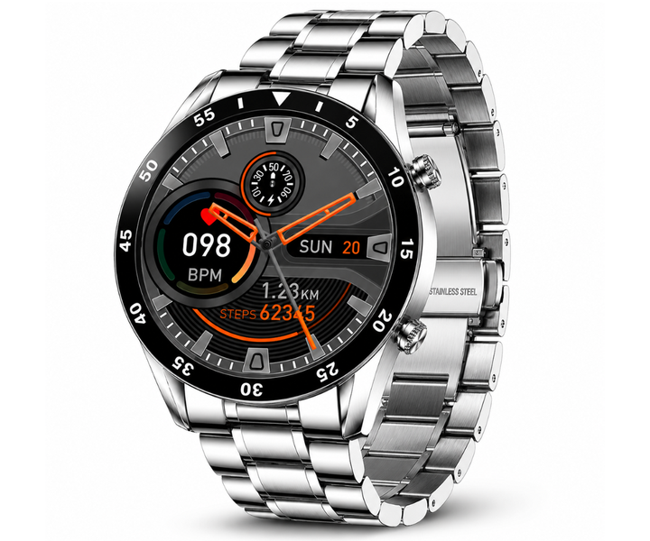 Stijlvolle smartwatch voor heren op pols, toont fitness tracking data. Perfecte activiteitstracker met Bluetooth.