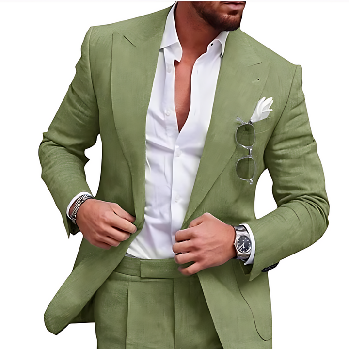 Herenmode: Stijlvol lichtblauw linnen zomerpak, 2-delig, perfect voor een bruiloftsgast.