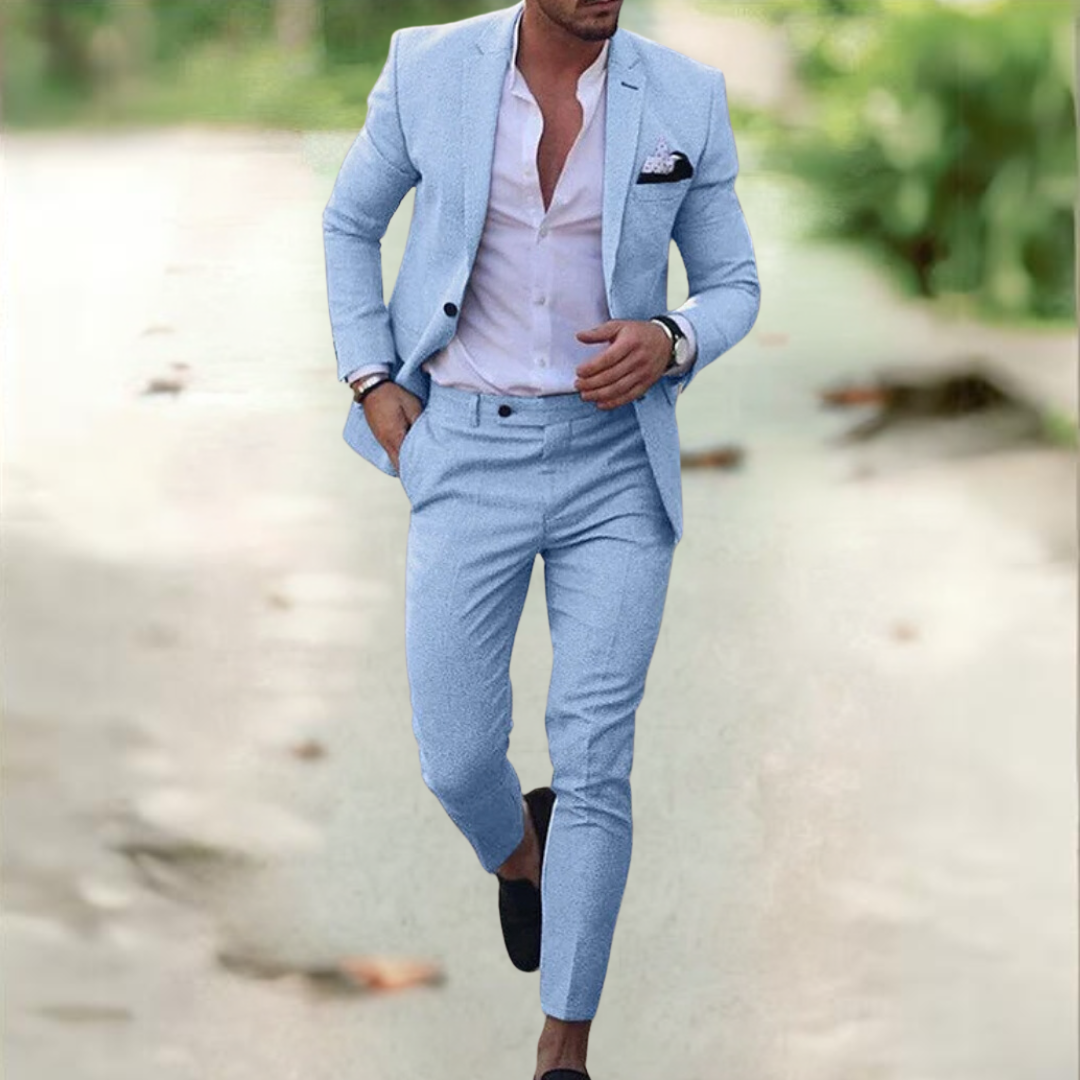 Tweedelig herenpak in slim fit, uitermate geschikt voor elegante mode en casual chic evenementen.
