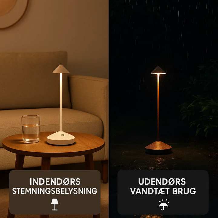 Compacte ClarityGlow tafellamp, waterdicht en draadloos, met warm dimbaar LED licht.