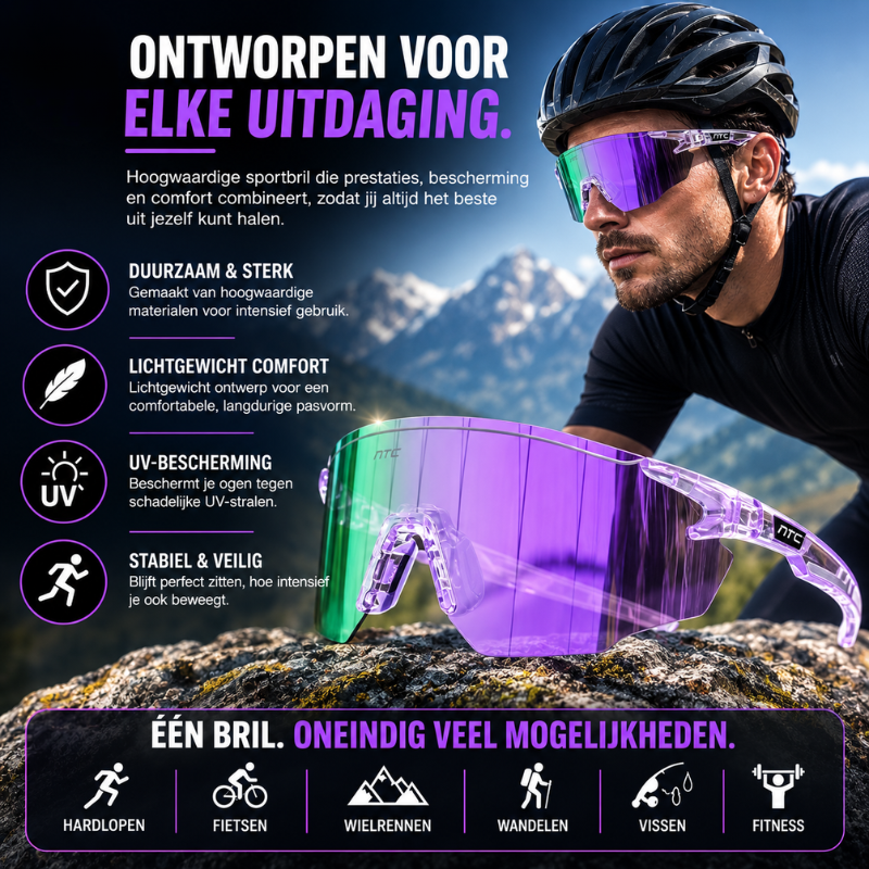 Veelzijdige heren sportzonnebril: UV400, geschikt voor atletiek, fietsen en algemene outdoor activiteiten.