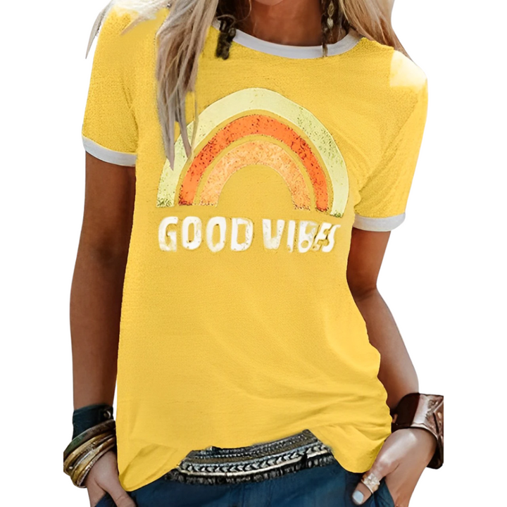 Veelzijdig dames t-shirt 'Good Vibes' met vrolijke opdruk. Comfortabele top voor een relaxte casual stijl.