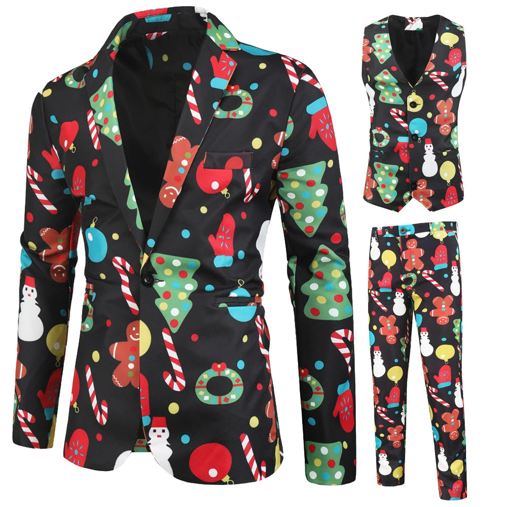 Feestelijke herenmode: compleet kerstpak met blazer, gilet en broek. Ideaal voor een elegante feestdagenoutfit.