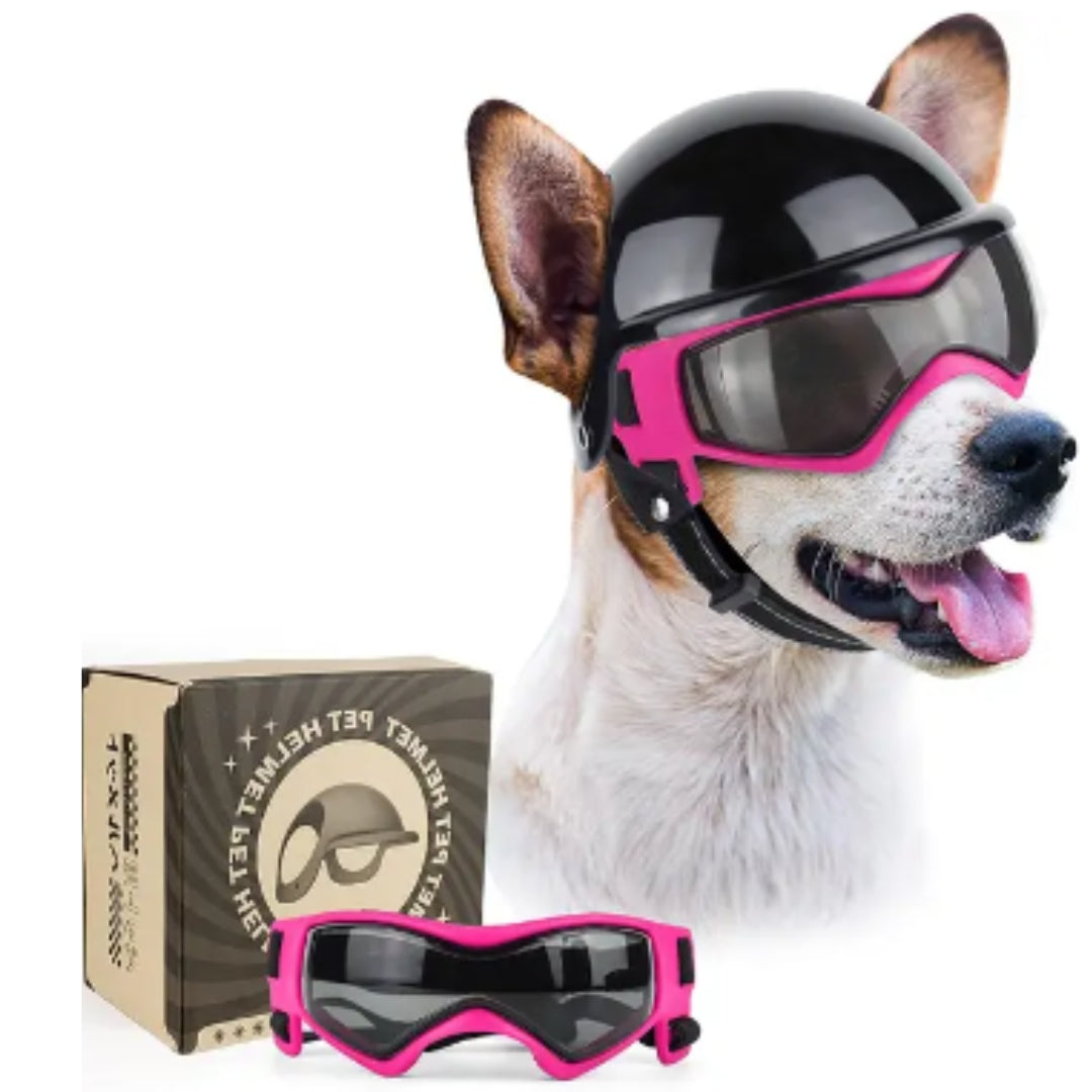 Zwarte RiderPaw hondenhelm & bril, stevige polycarbonaat bescherming. Ideaal voor hondenveiligheid op de motor.