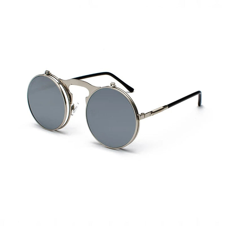 Heren ronde zonnebril met opklapbare lenzen, vintage stijl en metalen frame, een unieke accessoire.