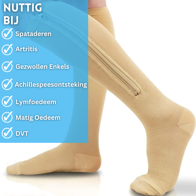 Sterke unisex steunkousen met rits, bieden optimale compressie voor vermoeide benen en dagelijkse gezondheid.