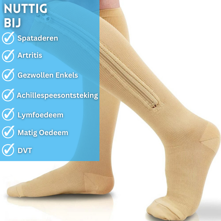 Sterke unisex steunkousen met rits, bieden optimale compressie voor vermoeide benen en dagelijkse gezondheid.