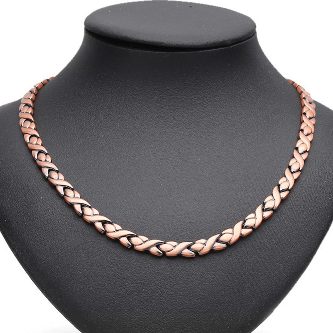 Stoere rood koperen gevlochten ketting, unisex, met authentieke vintage uitstraling; ideaal heren sieraad.