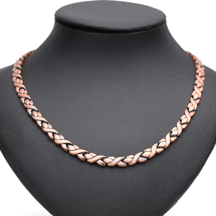 Stoere rood koperen gevlochten ketting, unisex, met authentieke vintage uitstraling; ideaal heren sieraad.