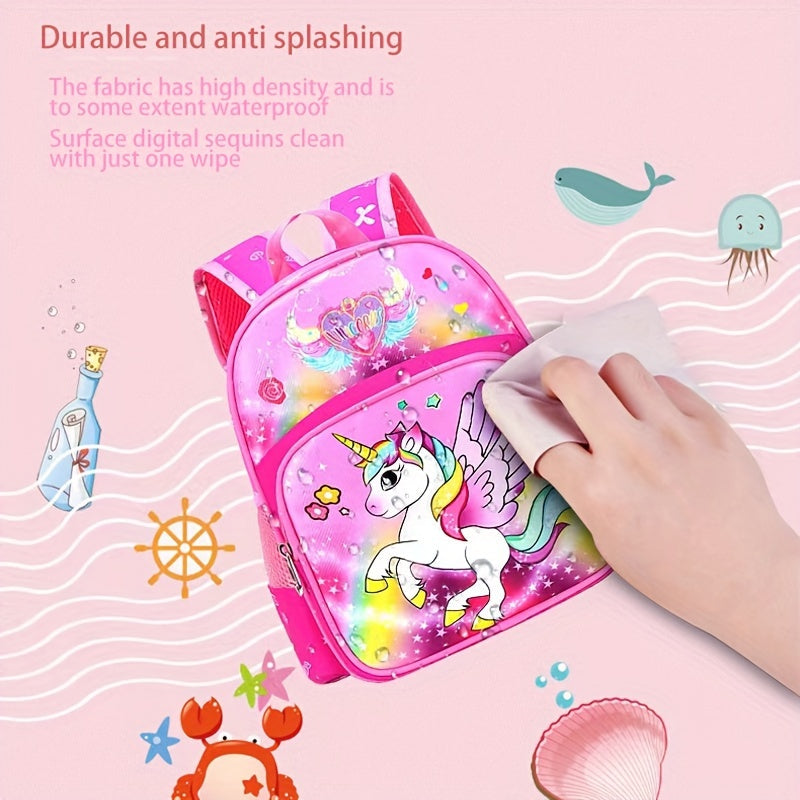Leuke eenhoorn schooltas voor meisjes, stevige polyester kinderrugzak in roze en paarse tinten.