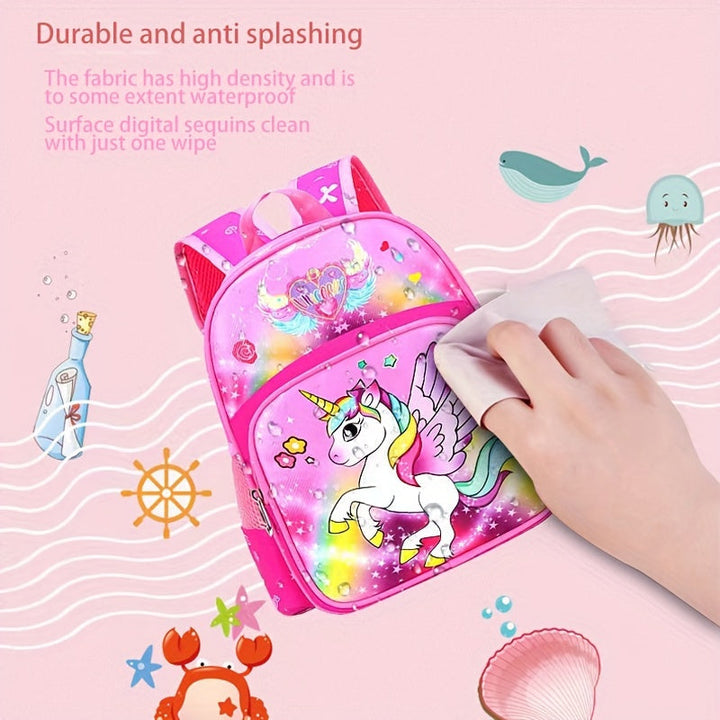 Leuke eenhoorn schooltas voor meisjes, stevige polyester kinderrugzak in roze en paarse tinten.