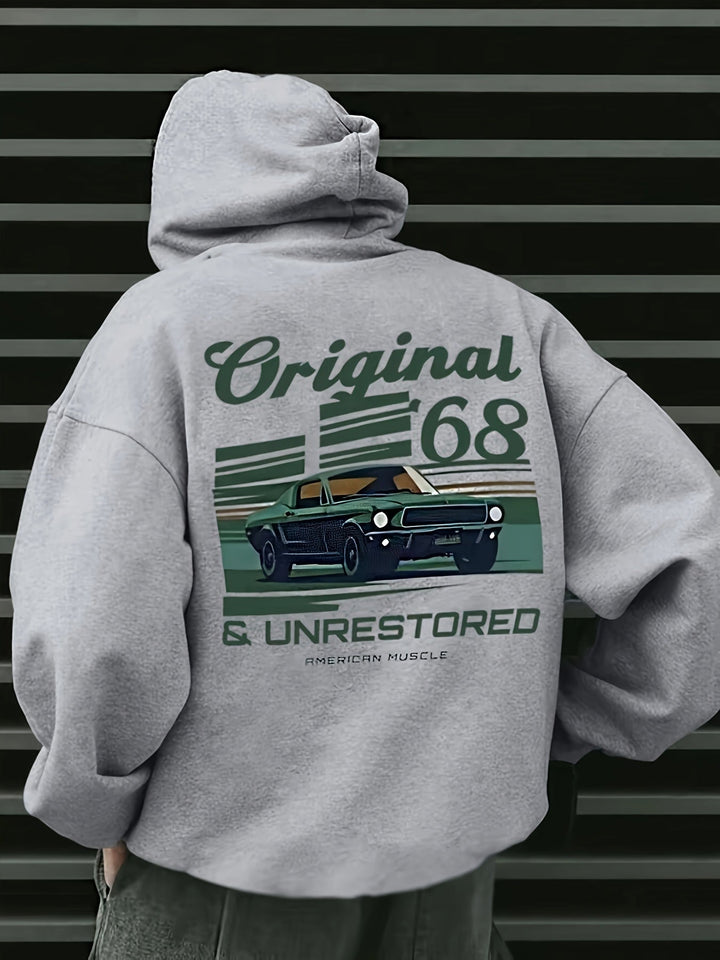 Heren vintage muscle car hoodie met klassiek ontwerp, comfortabel en tijdloos voor streetwear.
