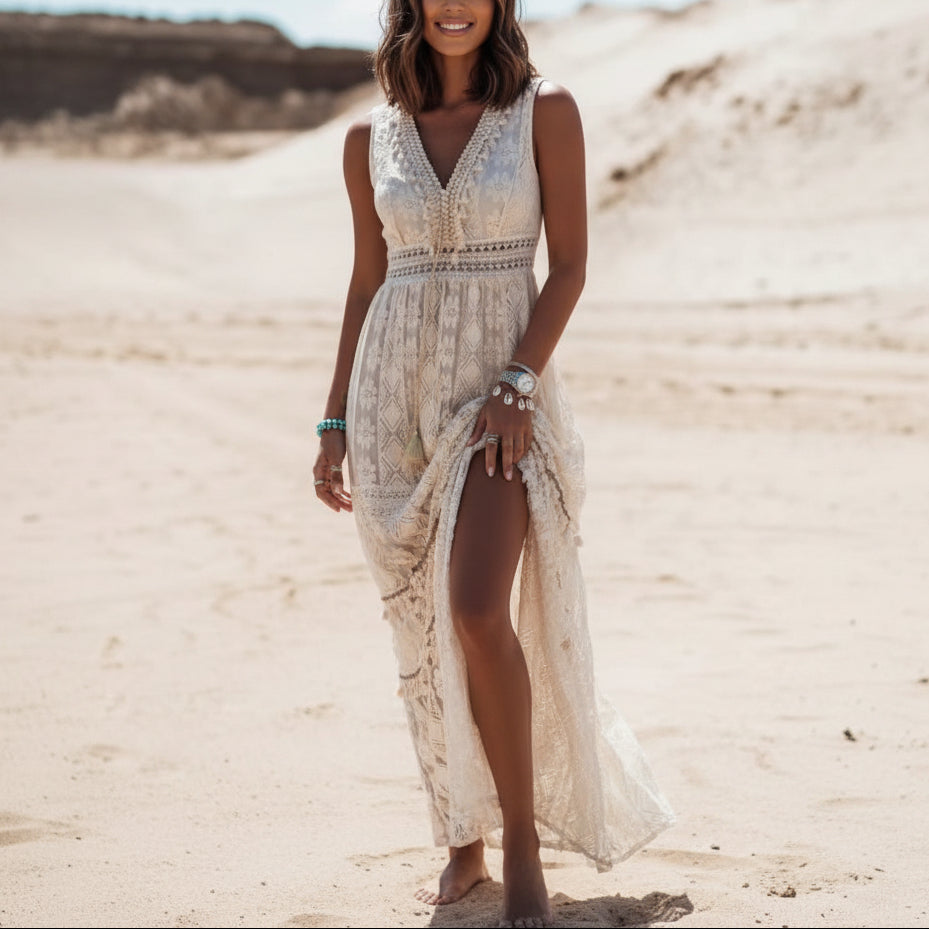 Dames mouwloze boho maxi-jurk met elegante kanten V-hals, perfect voor zomerse dagen en vakanties.