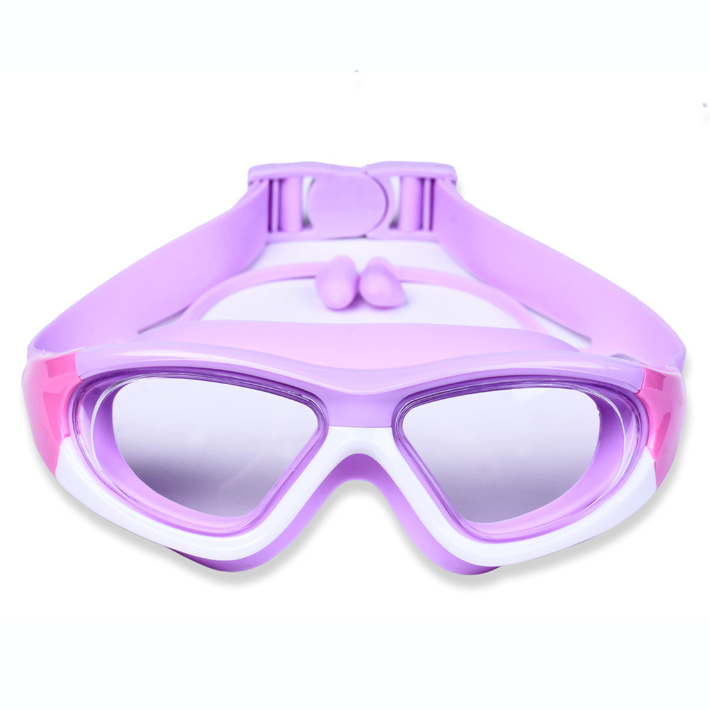 Verstelbare kinderzwembril met groot frame, siliconen band voor optimale pasvorm en comfort.
