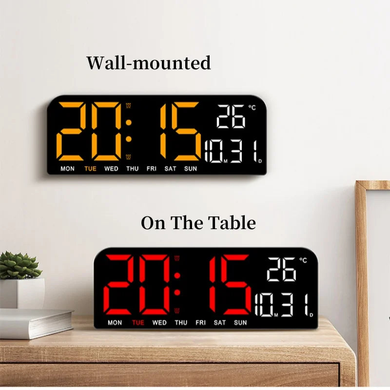 Moderne digitale klok voor aan de muur, met ingebouwde thermometer en kalenderfunctie.