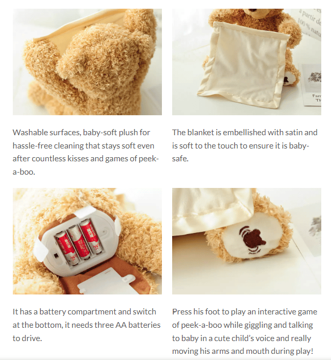 Heerlijk zachte interactieve peek-a-boo knuffelbeer, perfect baby cadeau. Zingend en sprekend speelgoed voor kinderen.