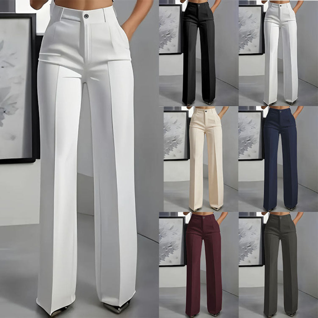 Dames pantalon met hoge taille en rechte pijpen, perfect voor een elegante, zakelijke look.