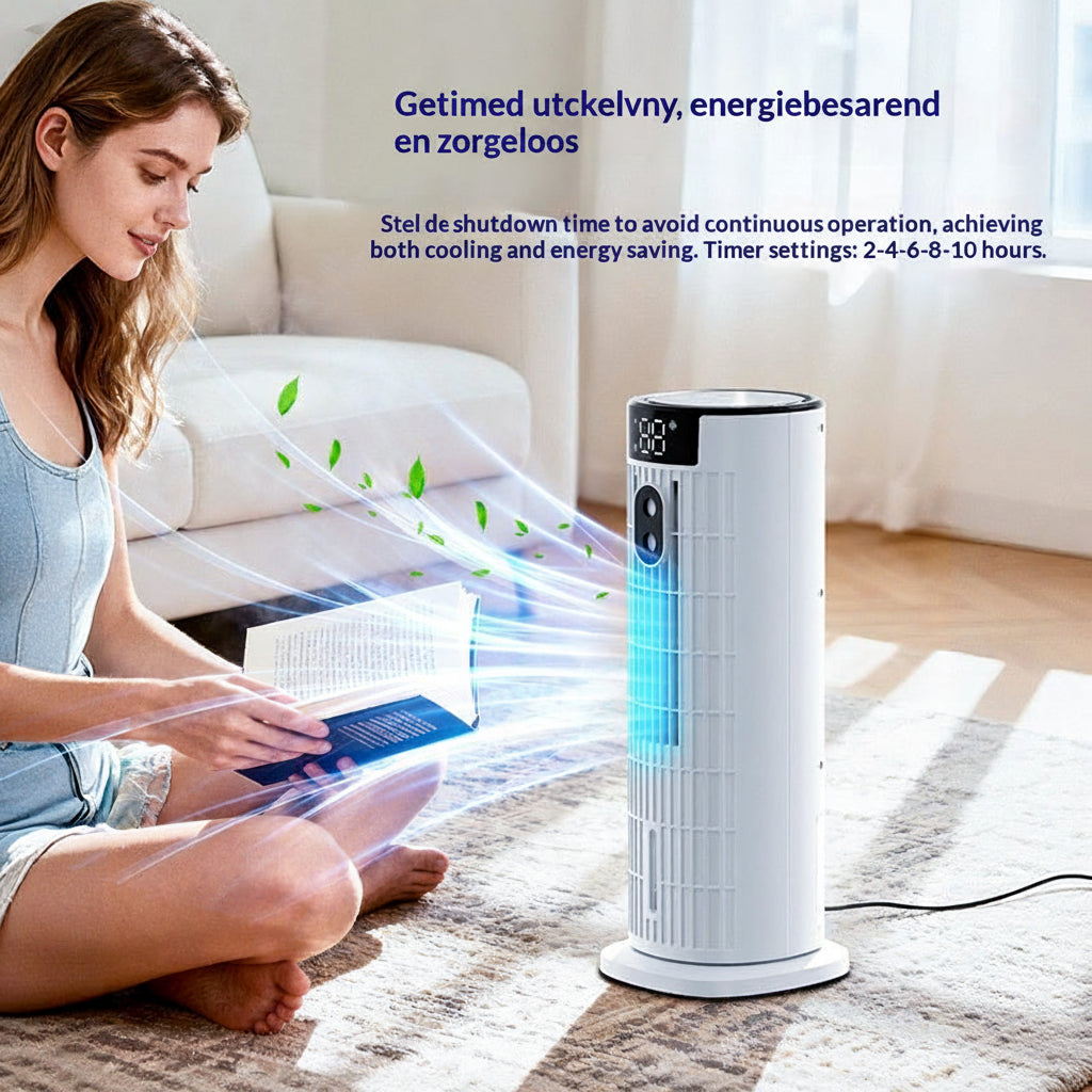 Witte torenventilator met luchtbevochtiger en afstandsbediening, zorgt voor comfortabele verkoeling en vochtigheid in elke kamer.