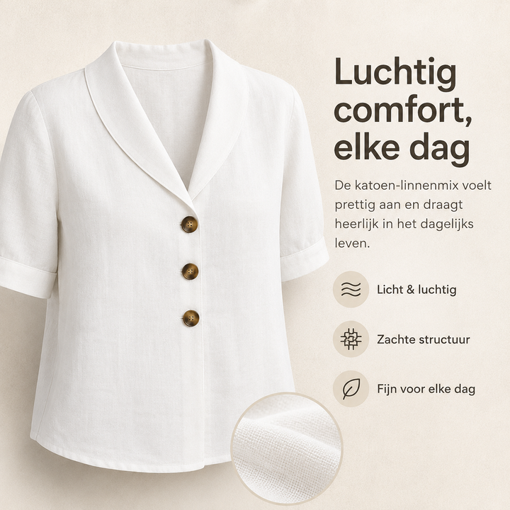 Stijlvol dames t-shirt met envelophals en knoopdetails, voor een chique en comfortabele dagelijkse look.