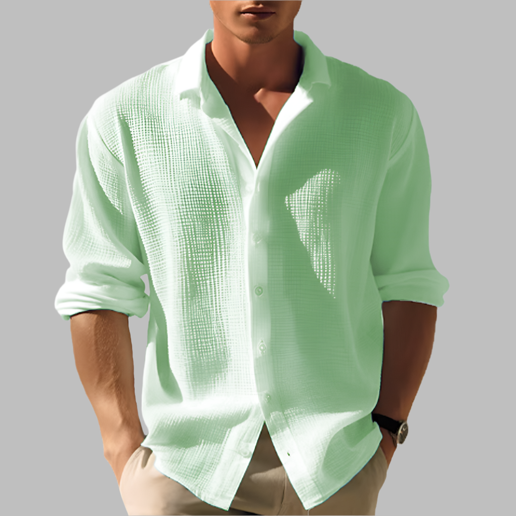 Comfortabel, ademend heren overhemd met staande kraag, perfect voor warme zomerdagen en vakantie.