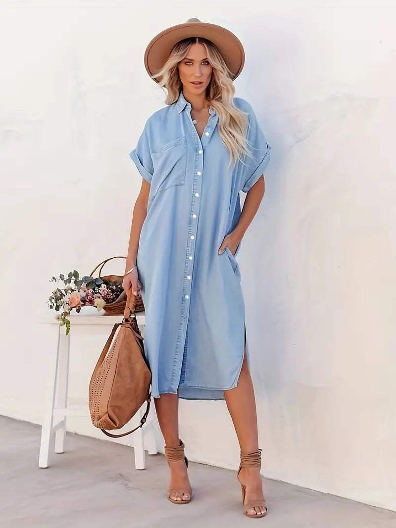 Luchtige dames overhemdjurk met korte mouwen, ideaal voor een zomerse, casual look of als stijlvolle strandjurk.