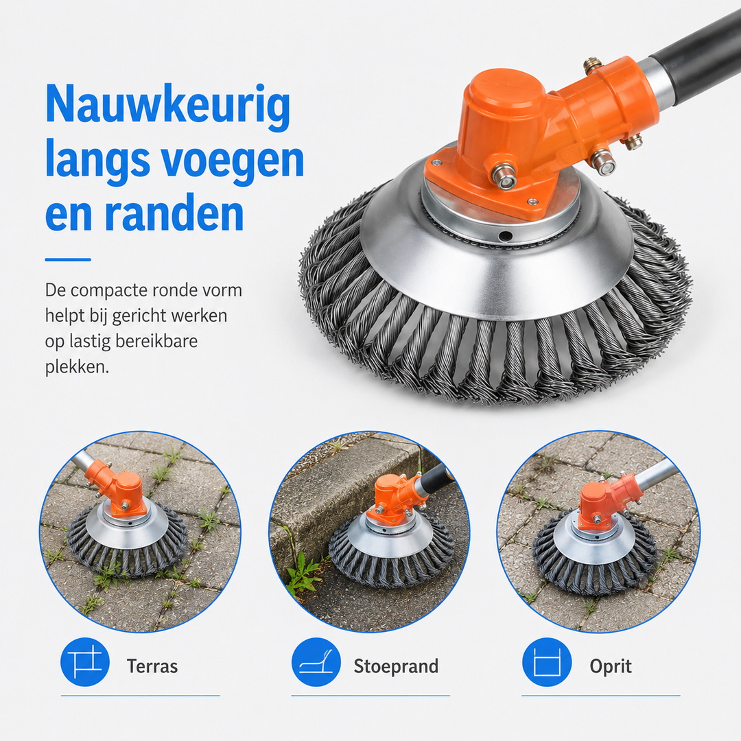 Duurzame staaldraadborstel trimmerkop, perfect voor onkruidverwijdering en grondige reiniging van oppervlakken.