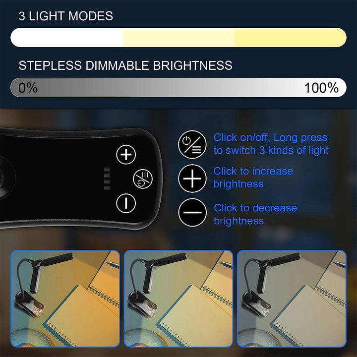 Draagbaar USB oplaadbaar boeklampje met verstelbaar LED licht en stevige clip. Ideaal voor lezen in het donker.