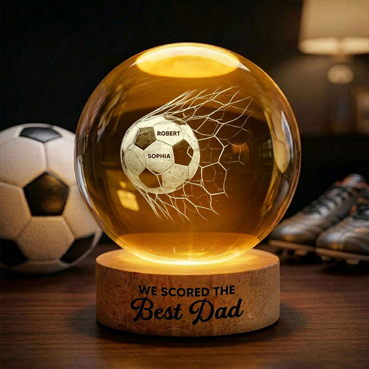 Kristallen voetbal nachtlamp, gepersonaliseerd met naam, perfect heren cadeau voor elke gelegenheid.