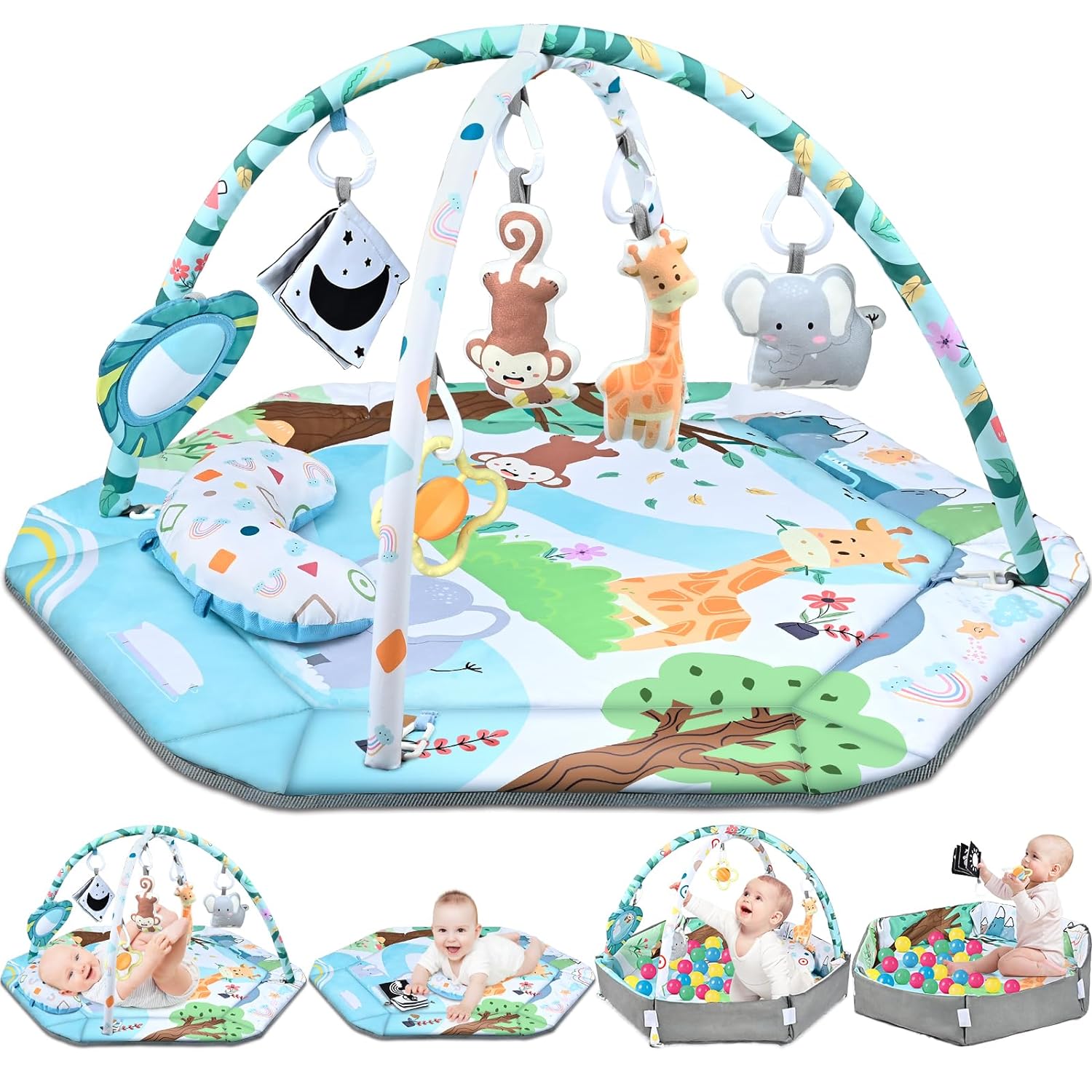 "8-in-1 baby activiteit speelkleed met kleurrijke speeltjes, balvormige elementen en wasbaar materiaal voor sensorische stimu