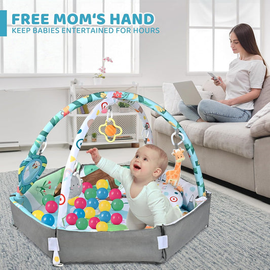"8-in-1 baby activiteit speelkleed met kleurrijke speeltjes, balvormige elementen en wasbaar materiaal voor sensorische stimu