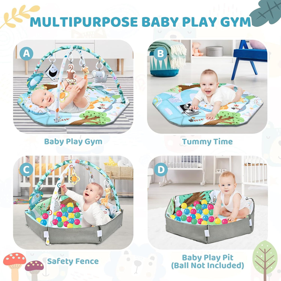 De 8-in-1 babygym omgevormd tot ruime ballenbak, perfect voor baby's om veilig te spelen en kruipen.