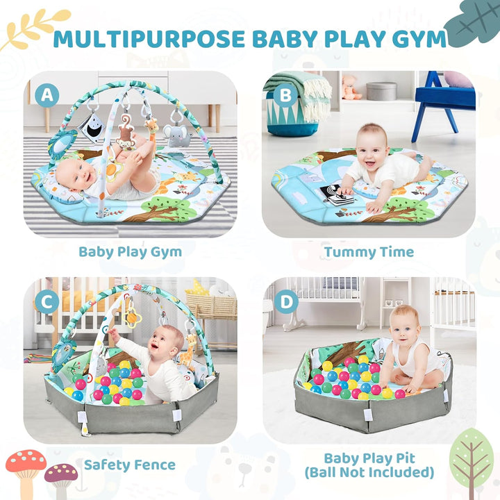 De 8-in-1 babygym omgevormd tot ruime ballenbak, perfect voor baby's om veilig te spelen en kruipen.