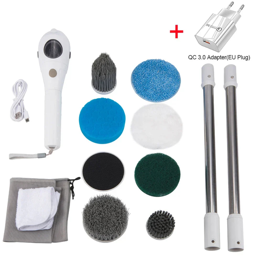 Multifunctionele 8-in-1 elektrische schoonmaakborstel met diverse opzetstukken voor badkamer en keuken.