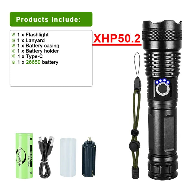 Waterdichte aluminium oplaadbare LED zaklamp, survival gadget, XHP50.2 voor helderheid.