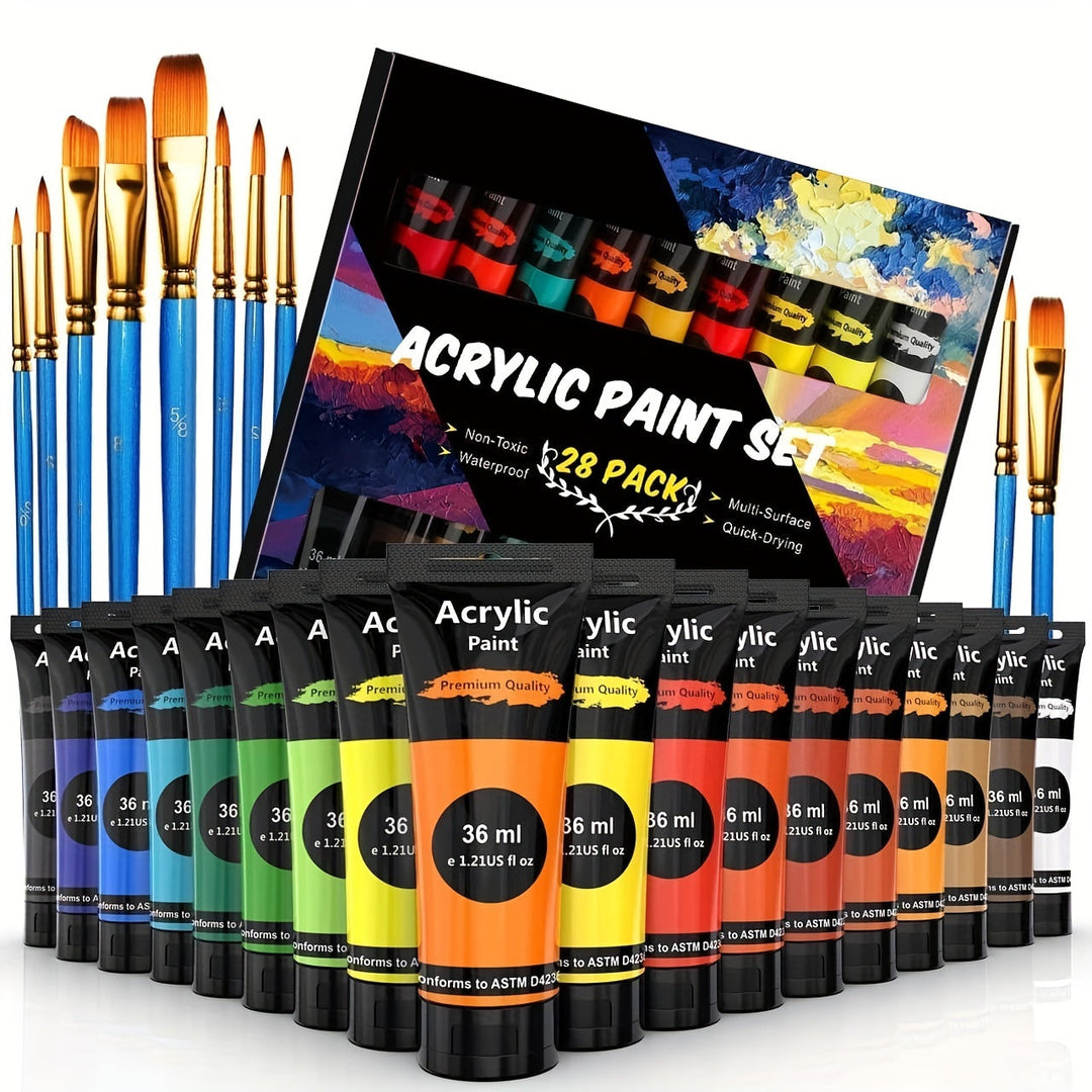 Complete acrylverf set met 18 levendige kleuren en 10 penselen, ideaal voor starters en creatieve hobbyisten.