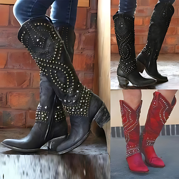 Hoge mode laarzen voor dames: zwarte 'Elena' laarzen met studs, perfect voor een zelfverzekerde stijl.