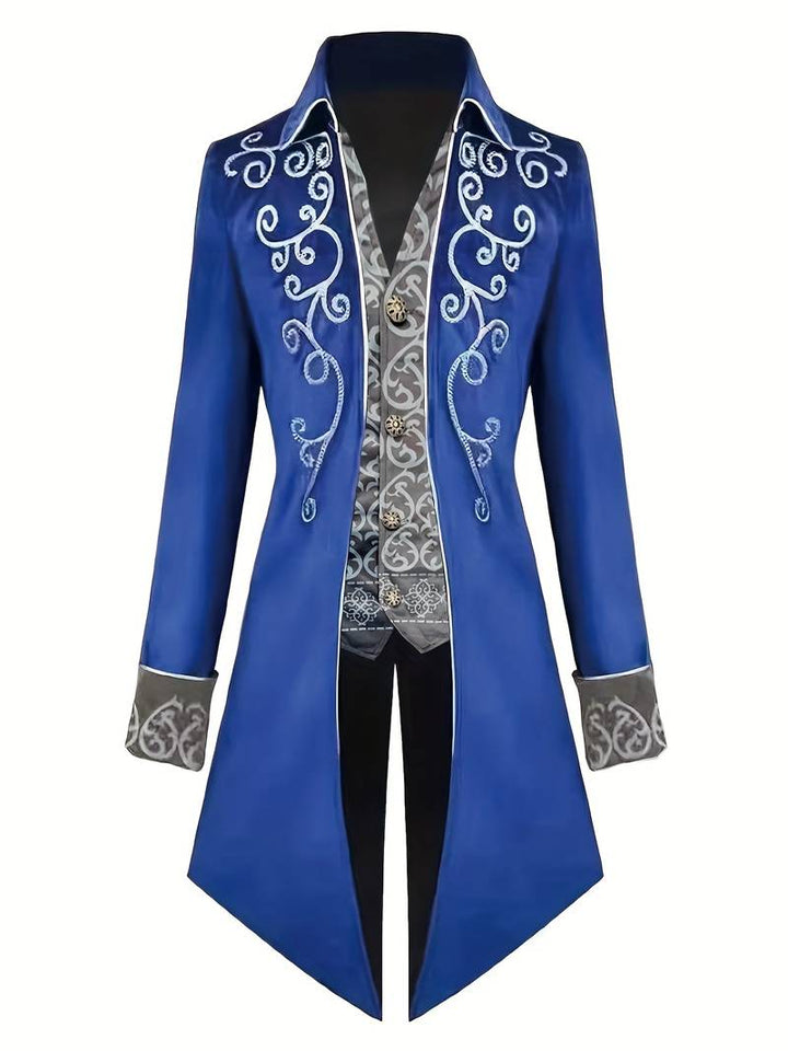 Heren steampunk kostuumjas, donkergekleurd, met opvallende revers, voor een unieke mode-uitstraling.