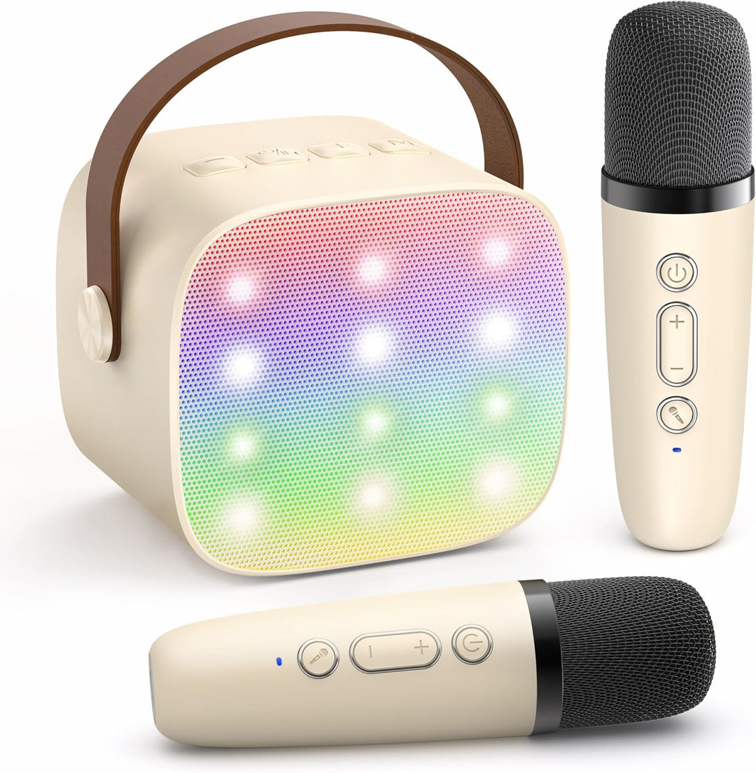 Gemakkelijk mee te nemen: Veylo mini karaoke systeem met Bluetooth speaker en draadloze microfoons.