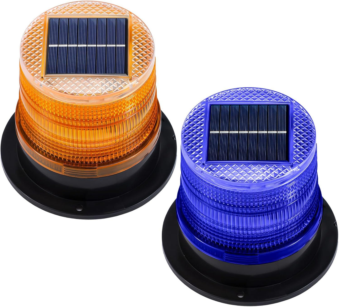 Zonne-energie amber & blauwe magnetische LED waarschuwingslampen set voor veiligheid en noodsituaties.