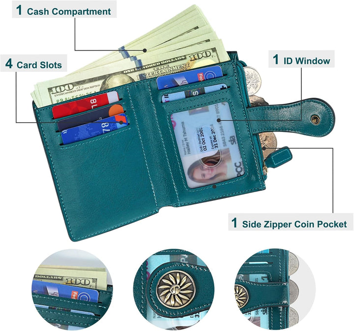 Leren bifold damesportemonnee Claire, RFID-veilig, met ritsvak en dun design.