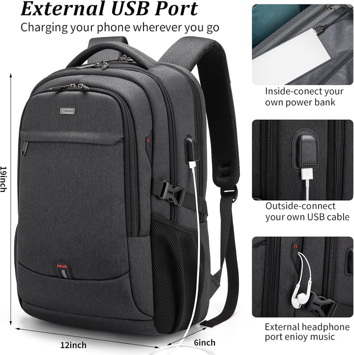 Duurzame laptoprugzak met USB-poort, anti-diefstal en georganiseerde opslag voor reizen.