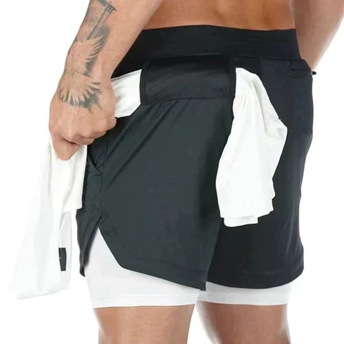 Comfortabele 2-in-1 heren trainingsshort, perfect voor fitness en sportkleding, met vochtafvoerende eigenschappen.