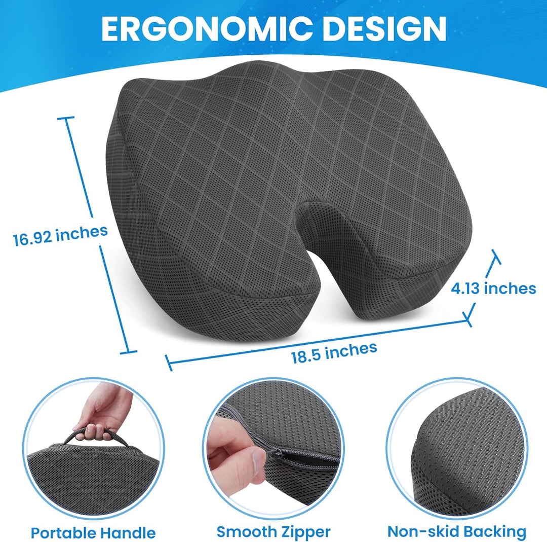 Ergonomisch memory foam zitkussen, verhoogt zitcomfort in auto en op kantoor. Voorkomt rugpijn.
