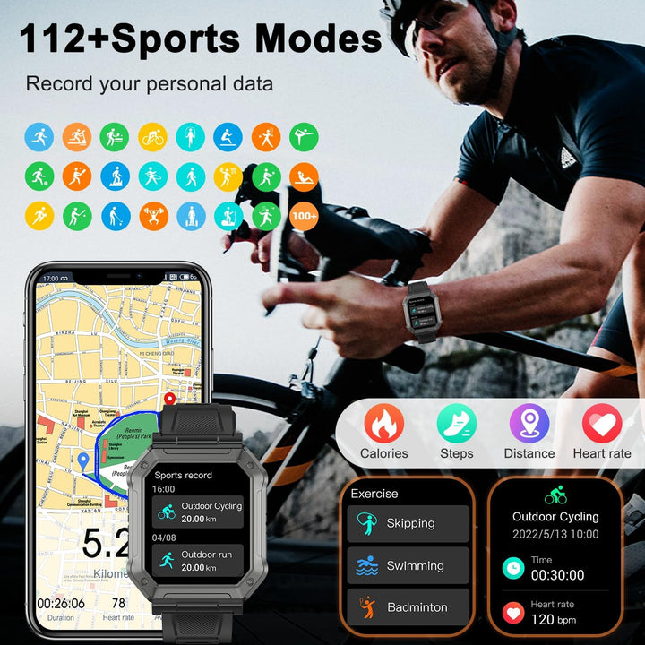 Zwarte Wayne heren smartwatch, een sporthorloge met militaire duurzaamheid en fitness tracker functies.