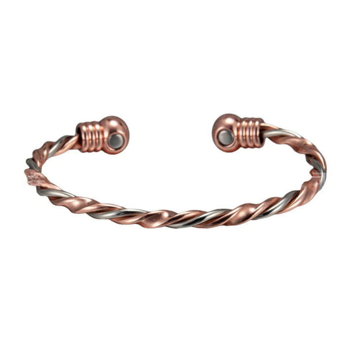 Detaillering gedraaide koperen armband (CJ26) met krachtige magneten. Unisex sieraad, roségoudkleurig, voor therapeutisch gebruik.