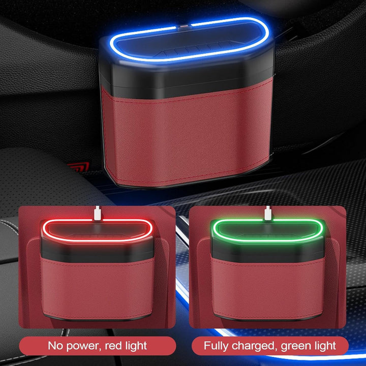 Compacte auto vuilnisbak van microvezelleer, geurdicht met LED verlichting voor een frisse interieur auto.